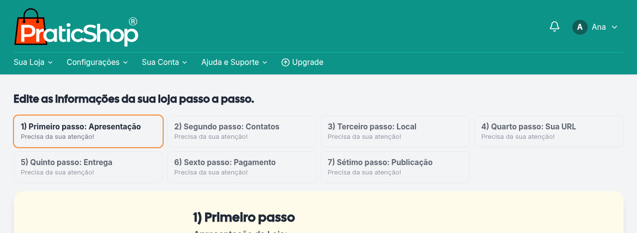 **Configurações › Gerais** abre o assistente. Os 7 passos ficam no alto da tela, e cada um mostra se já está completo.